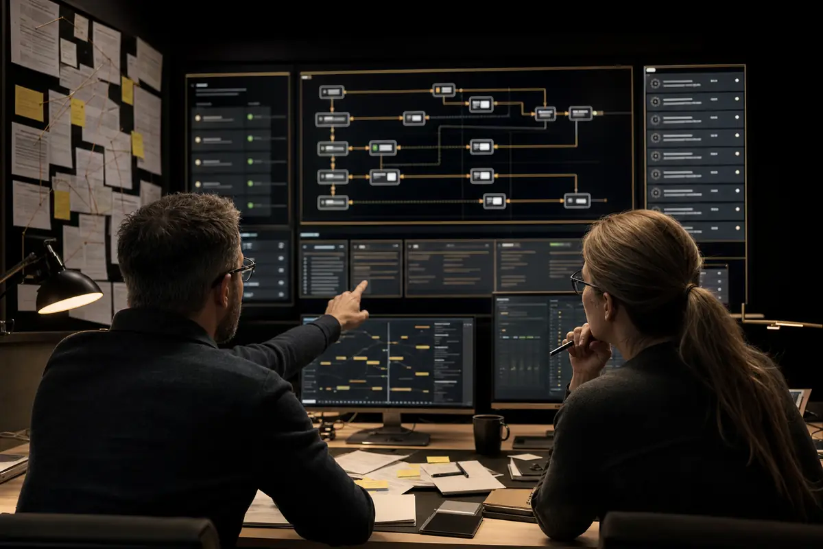 AI incident response team reconstructing model, identity, tool and data evidence in a realistic Vienna operations room