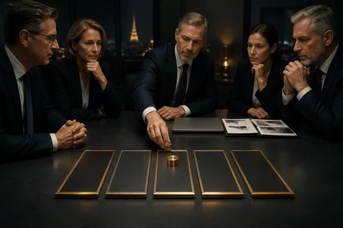Austrian executive team selecting one of five bounded paths for an AI pilot production decision