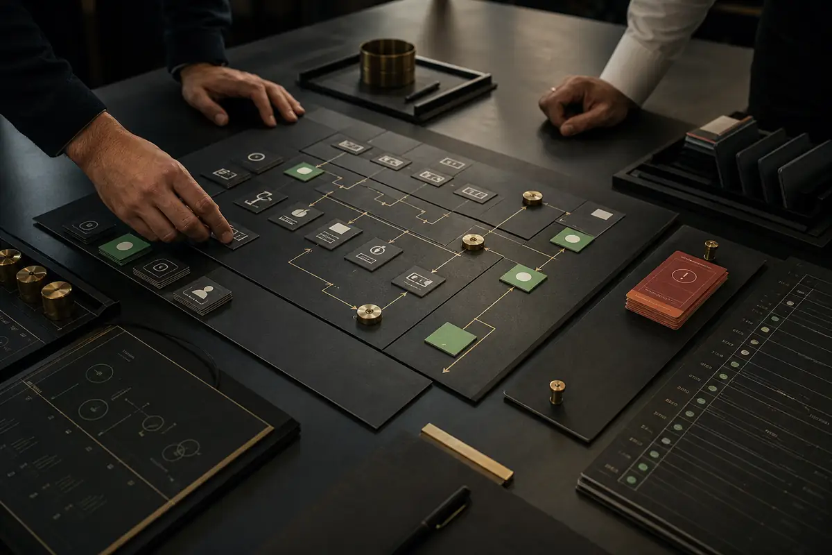 Hands arranging a dark physical workflow board with brass connectors and green markers