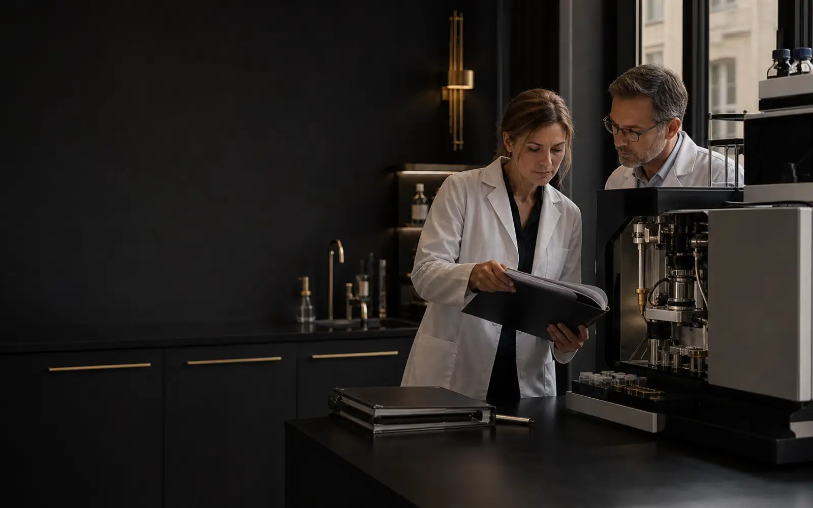 Austrian laboratory team reviewing governed access to installed analytical equipment in a restrained dark workspace