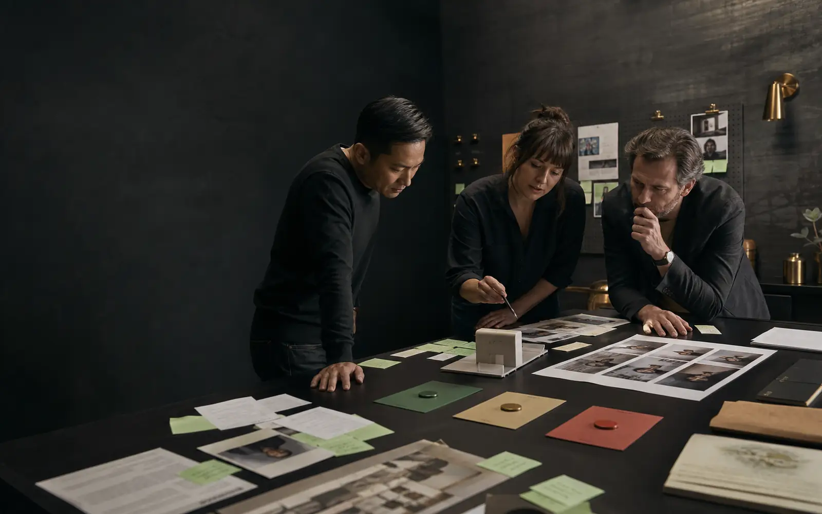 Leadership team reviewing PilotProof around a real operating workflow in a restrained dark workspace