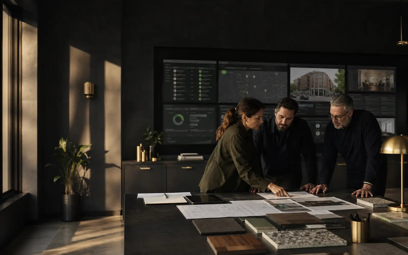 Leadership team reviewing PropNova around a real operating workflow in a restrained dark workspace