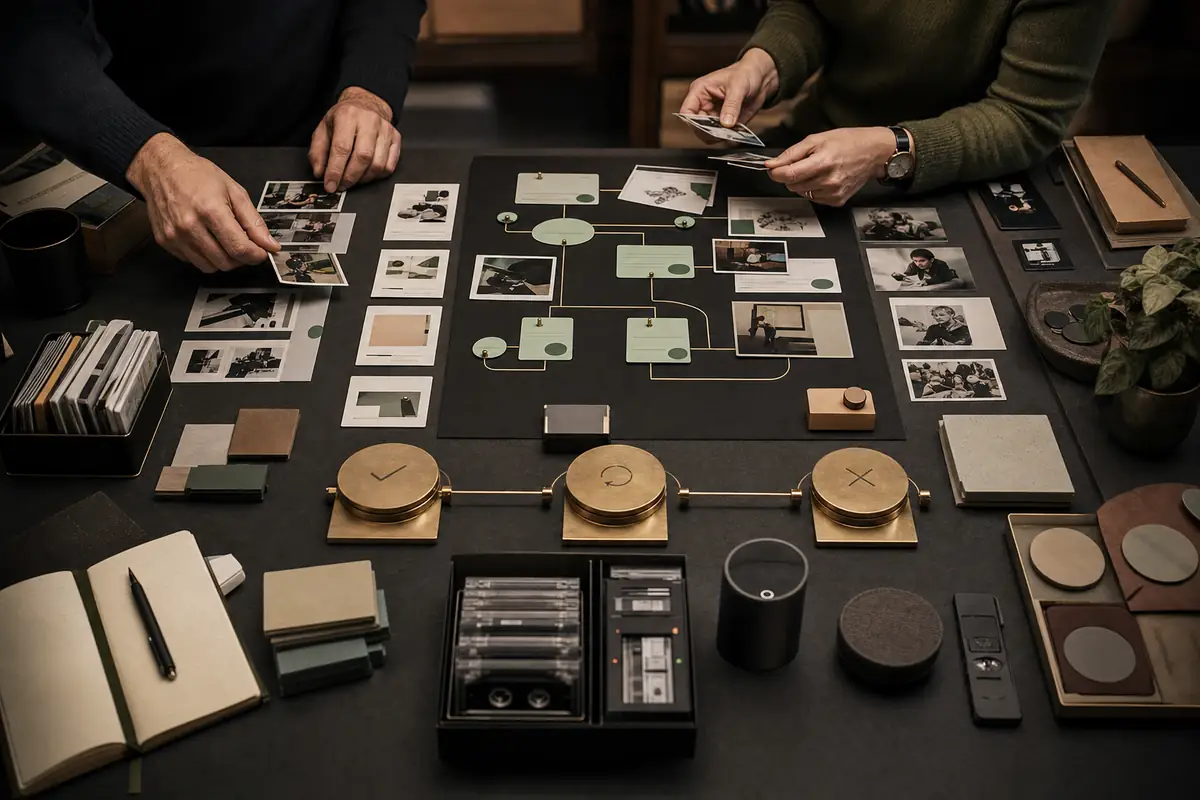 Hands arranging paper cards, brass markers and decision points on a dark validation board